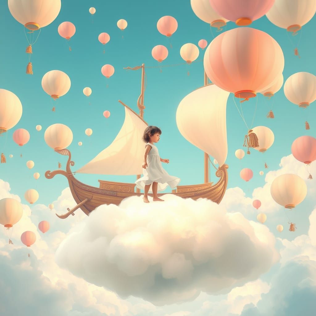 Child on Cloud with Airship in Miyazaki Style