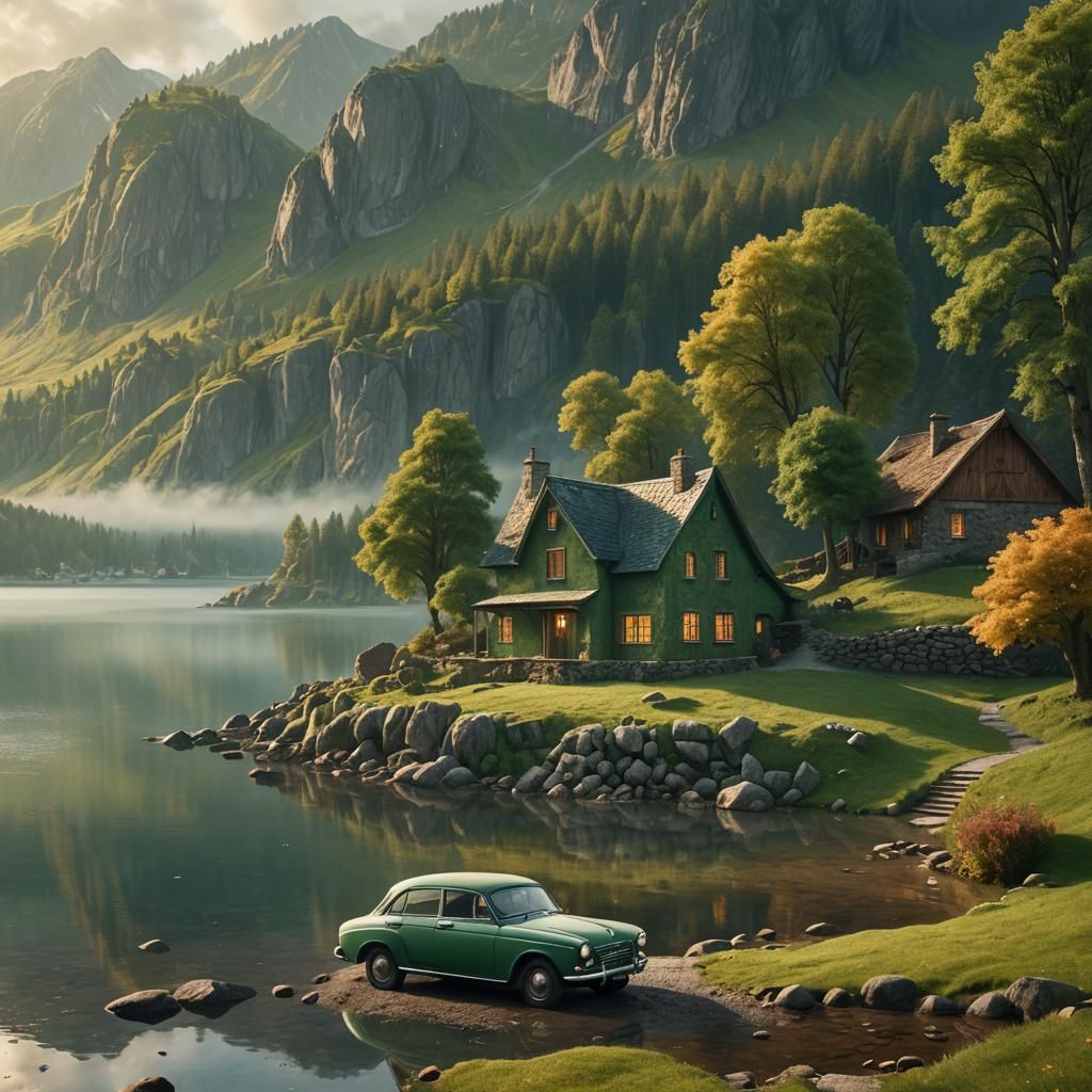 Green Car by Lake: Cinematic Matte Painting