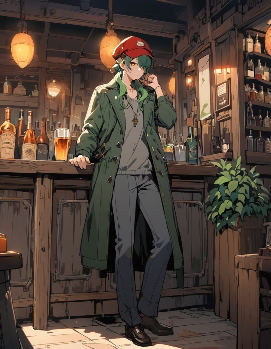 Bishounen City Adventurer in a Vibrant Tavern Scene