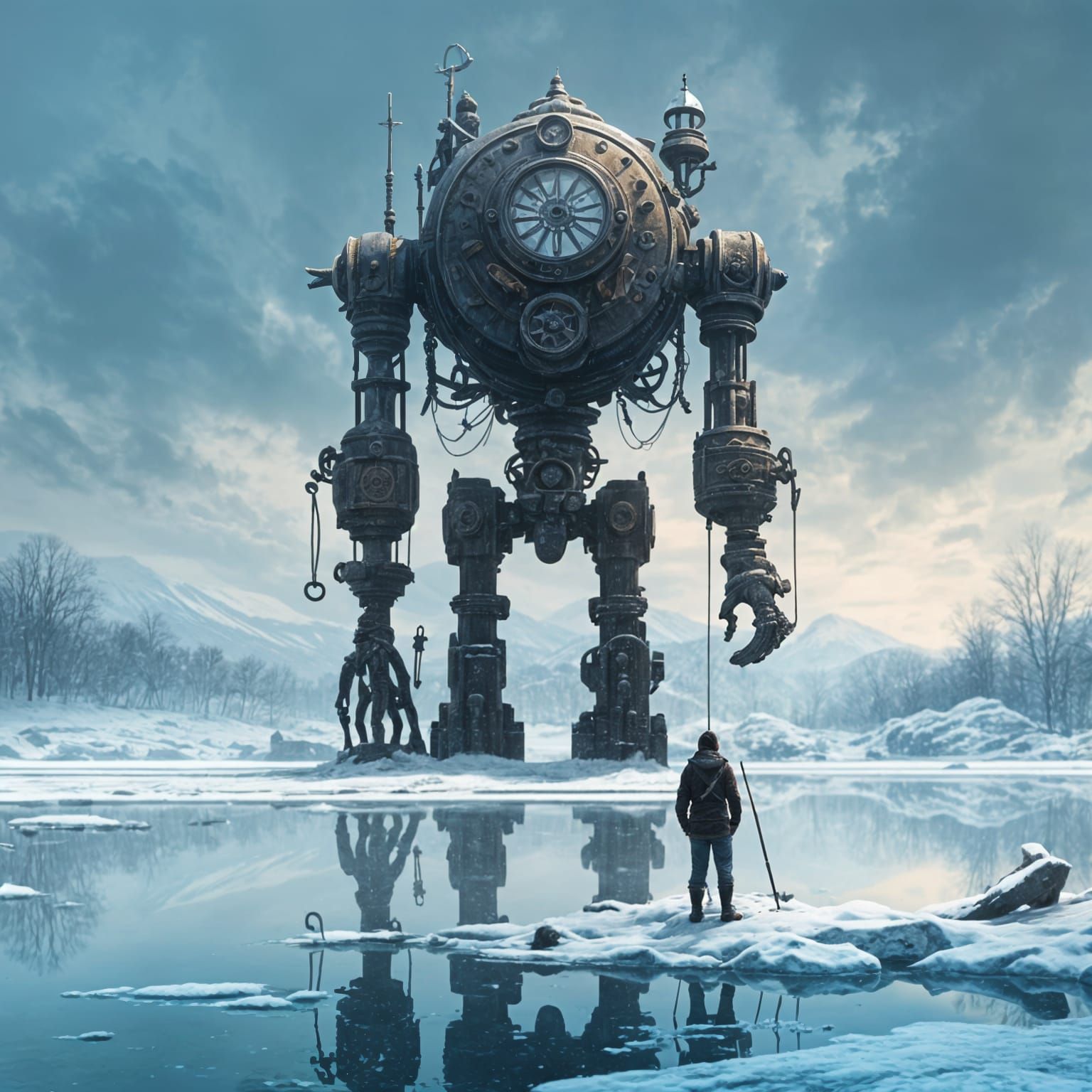 Figure by Frozen Lake in Minimalist Style