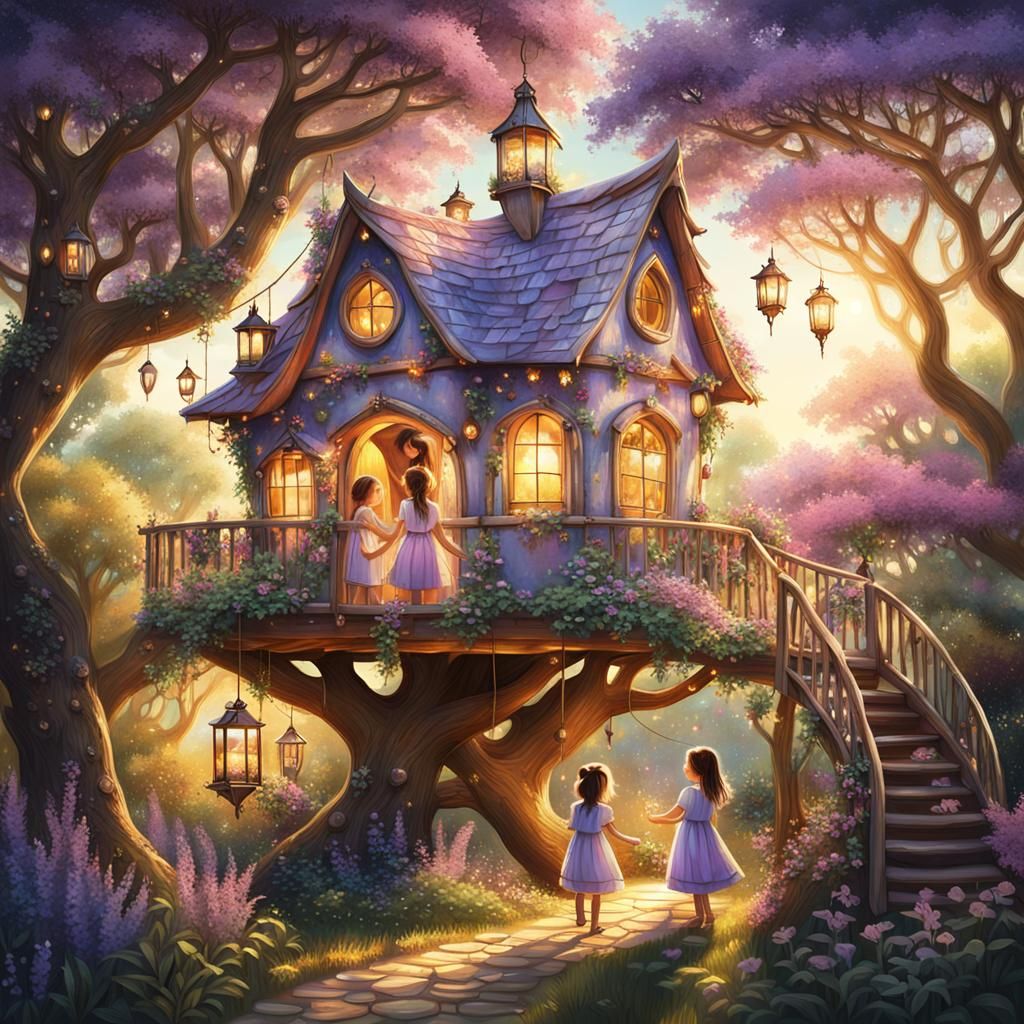 Charming Tree House Scene in Dreamy Oil Painting Style