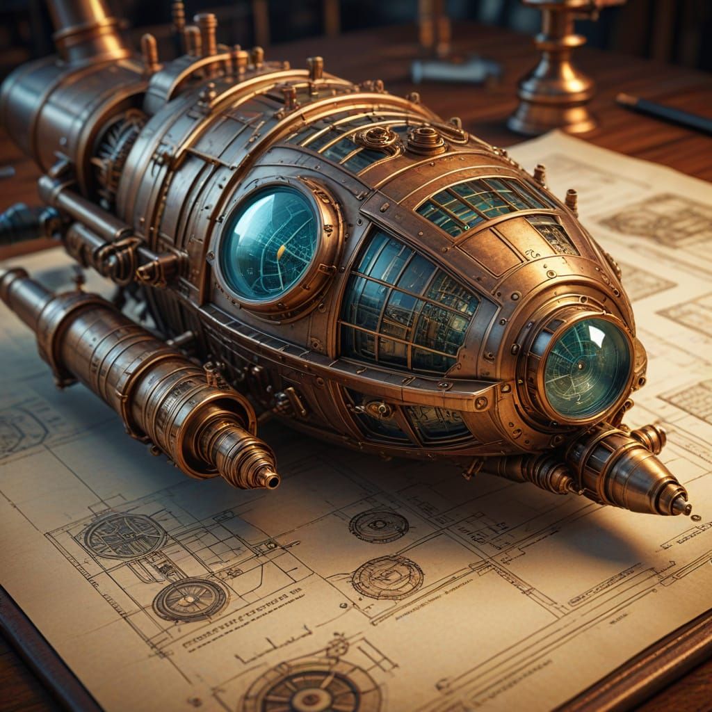 Steampunk Spaceship Blueprints Concept Art