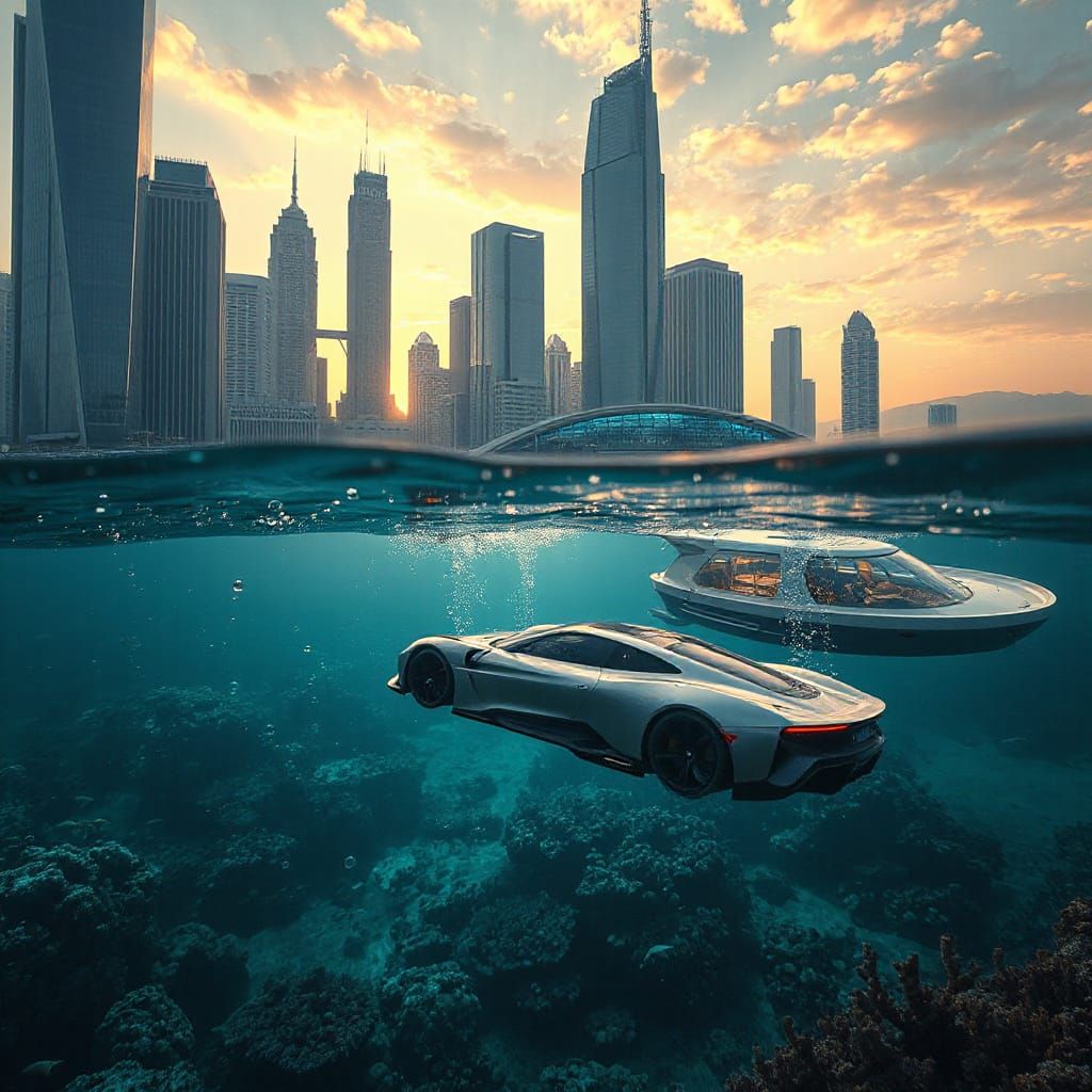 Futuristic Cityscape: Dual Aquatic and Aerial Views