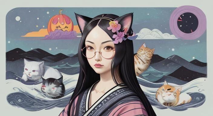 Surreal Cats in Anime Style with Melting Clocks