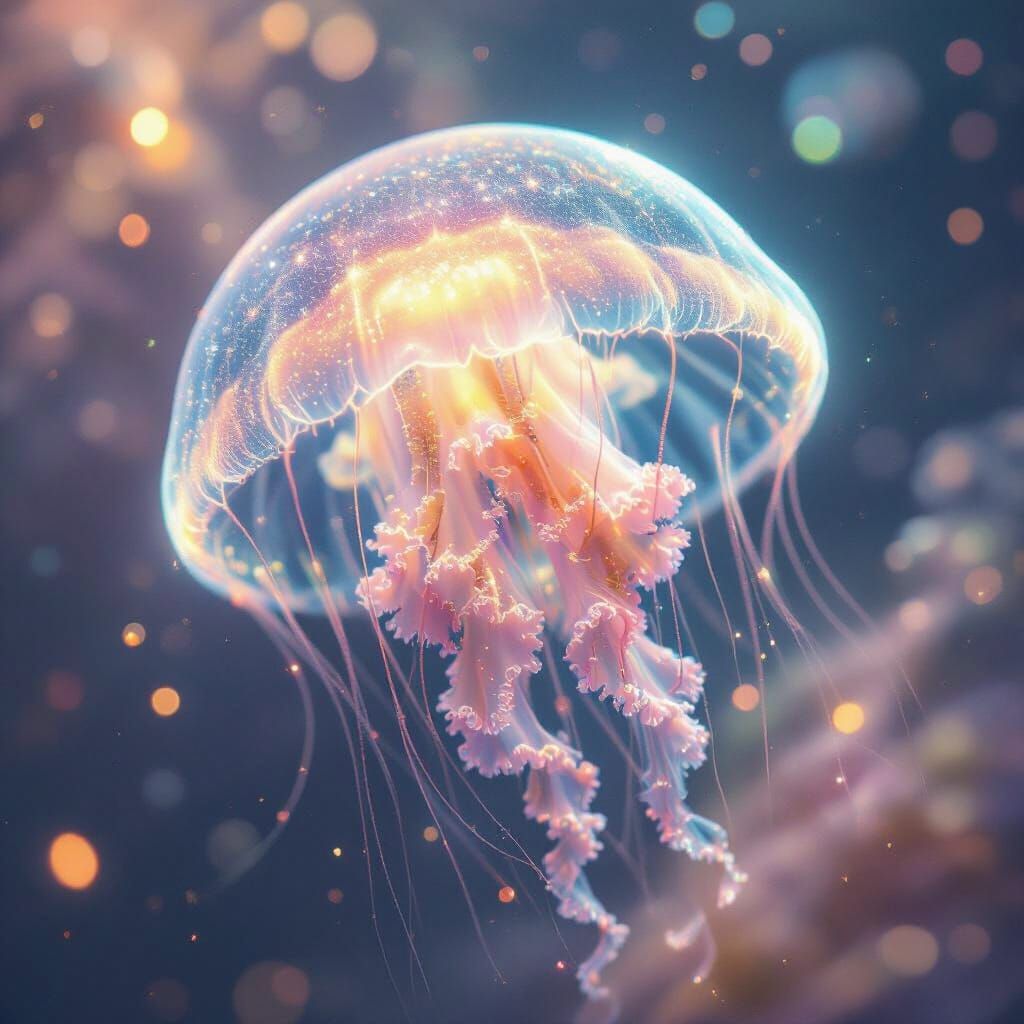 Bioluminescent Jellyfish Drifting Through Cosmic Ocean