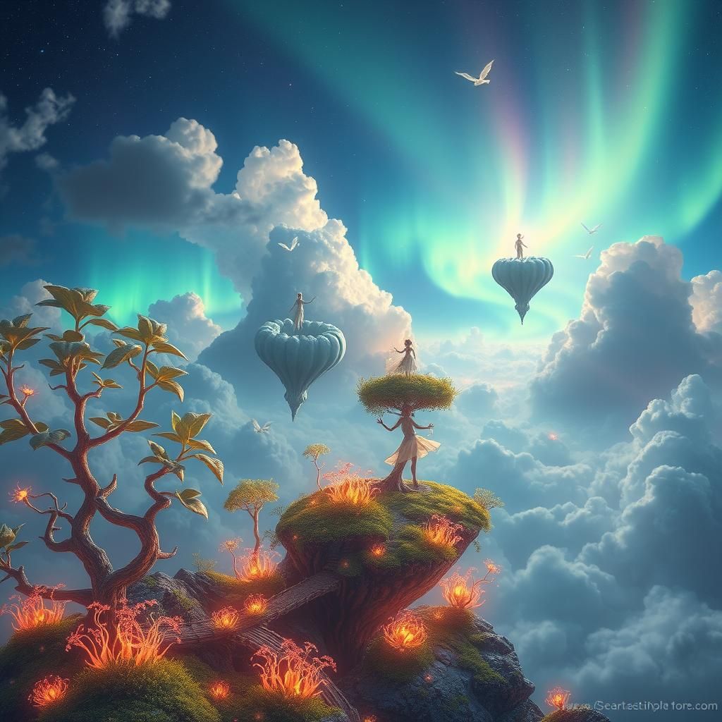 Surreal Floating Islands Dreamscape with Aurora Lights