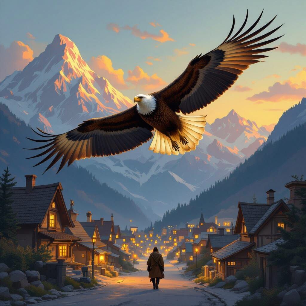 Eagle Soaring Over Village, Hyperrealistic Digital Art