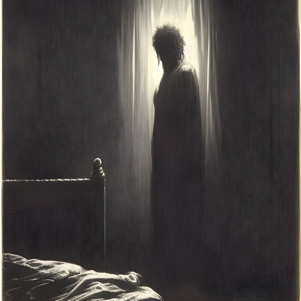 Scary Human-like Demon Beside Bed in Horror Style