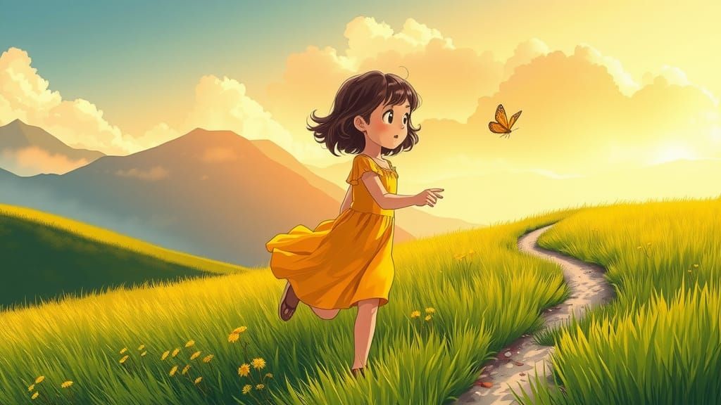 Girl Chasing Butterfly in Sunny Meadow, Anime Style