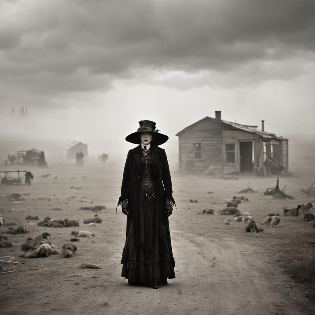 Goth Fashion Model Surveys Apocalyptic Ruin in Cyberpunk Lan...