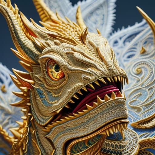 3D Lace Dragon Head Embroidery: Digital Art