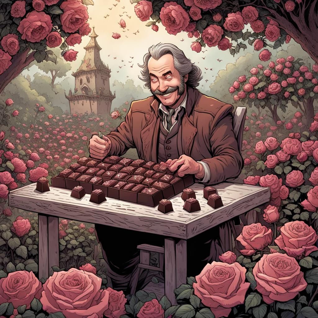 Man Enjoys Chocolates in Rose Garden, D&D Illustration
