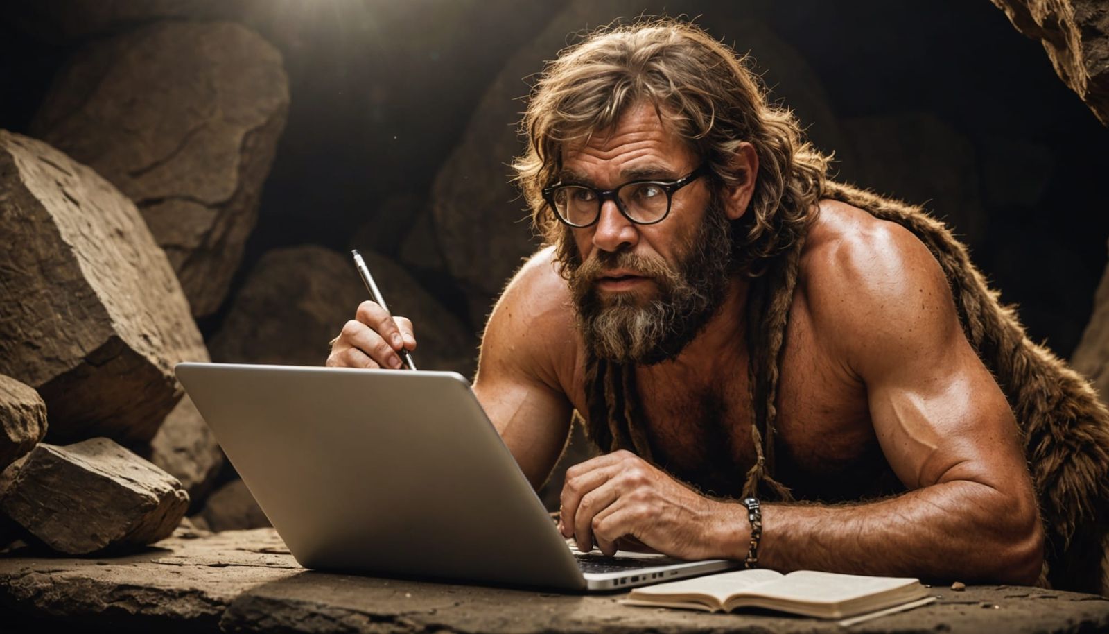 Caveman with Laptop and Reading Glasses