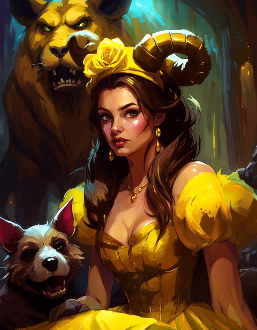 Wicked Princess Belle with Beast Headdress, Photorealistic P...