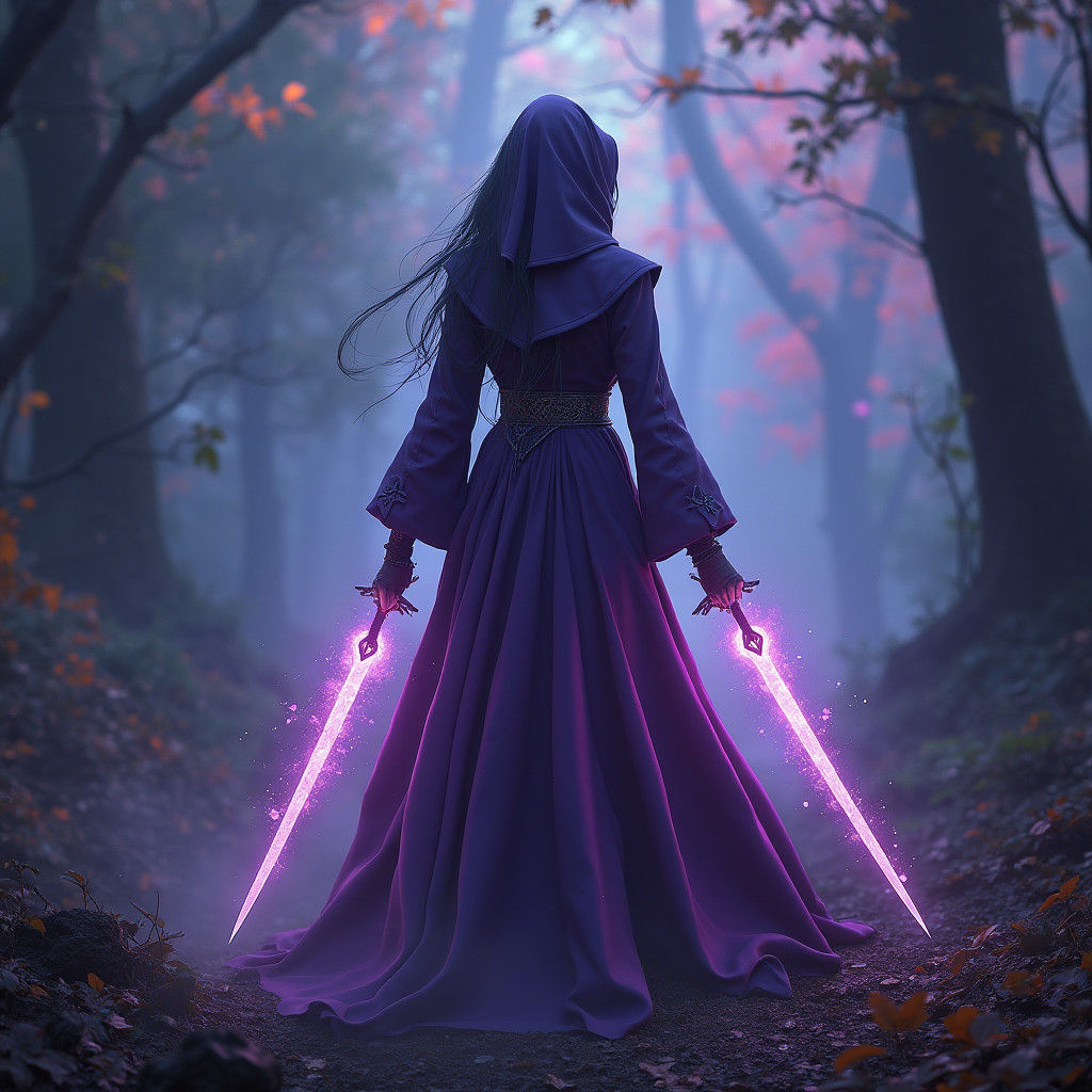 Purple-Robed Soulknife Rogue in Mystical Forest