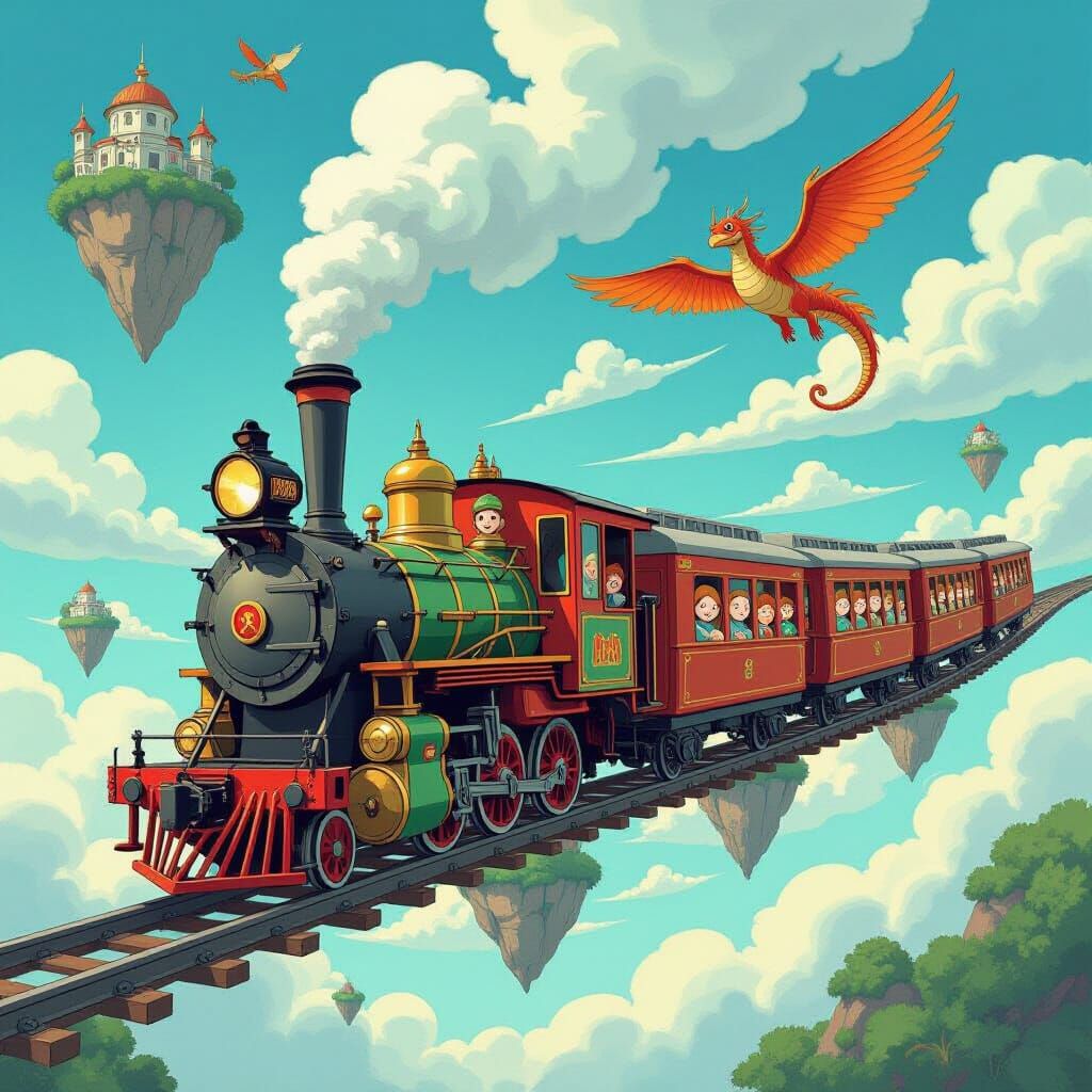 Steampunk Train on Floating Islands in Alien Sky