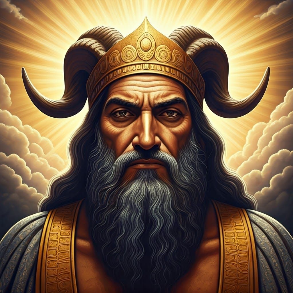 Ancient Mesopotamian Emperor with Horned Crown in Divine Lig...