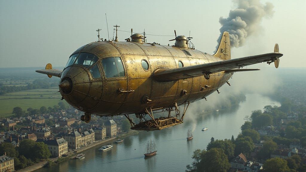 Steampunk Dog-Shaped Airship Over English Countryside