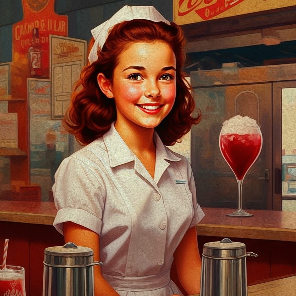 Glamorous Soda Shop Girl in Impressionistic Oil