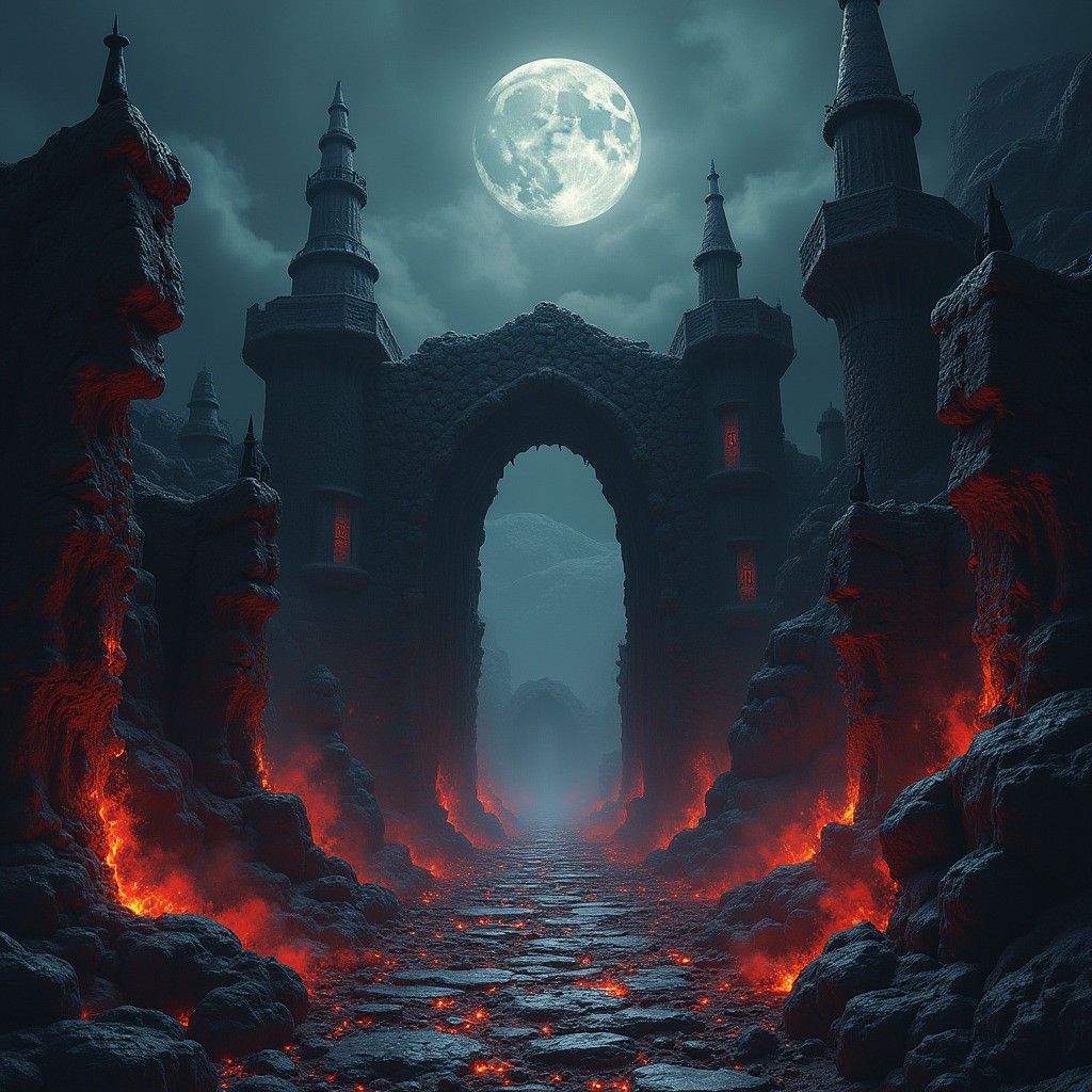 Ominous Black Moon Over Gateway to Hell