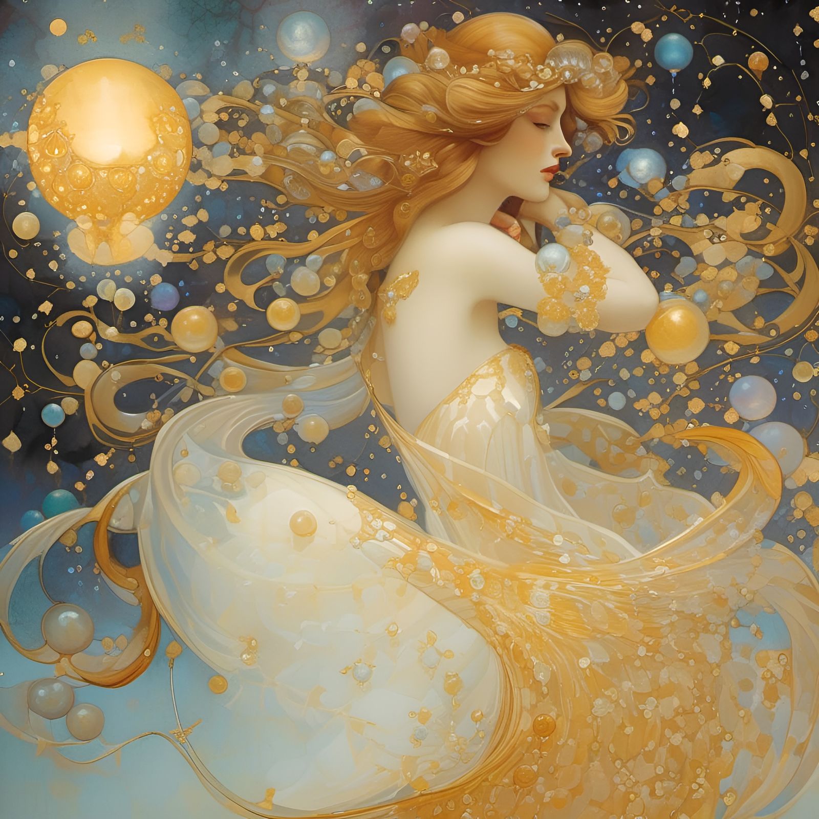 Opalescent Fairy Queen with Celestial Orbs in Art Nouveau