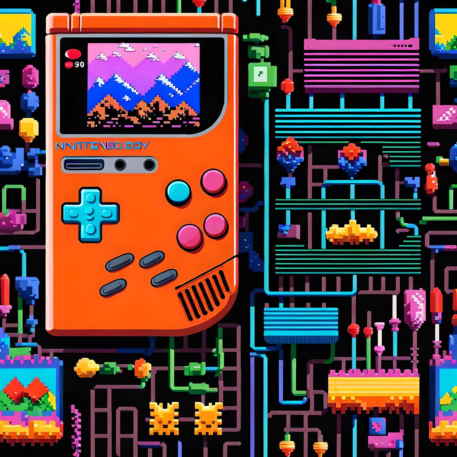 8-Bit Game Boy Close-Up with Neon 80s Background