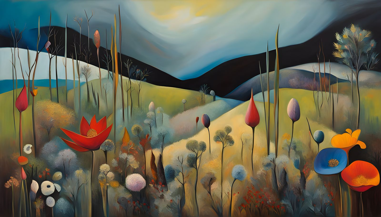 Vibrant Expressionist Dreamscape with Textured Botanicals