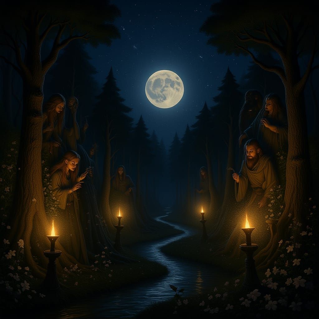 Mystical Night Landscape with Glowing Trees and Magical Ligh...