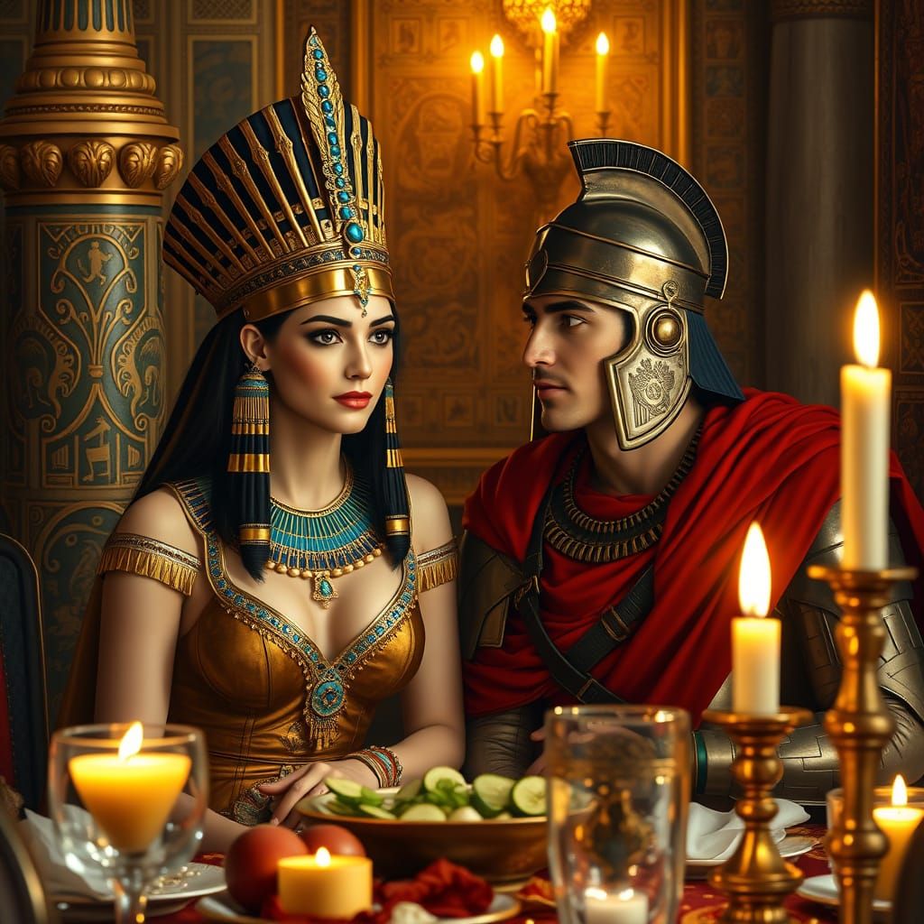 Ancient Egyptian Queen Feasts with Roman Soldier in Lavish T...