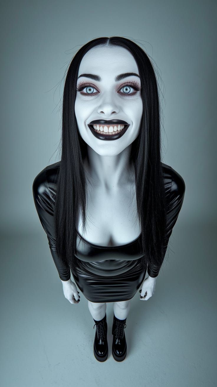 Unnerving Porcelain Woman in Black Vinyl Dress