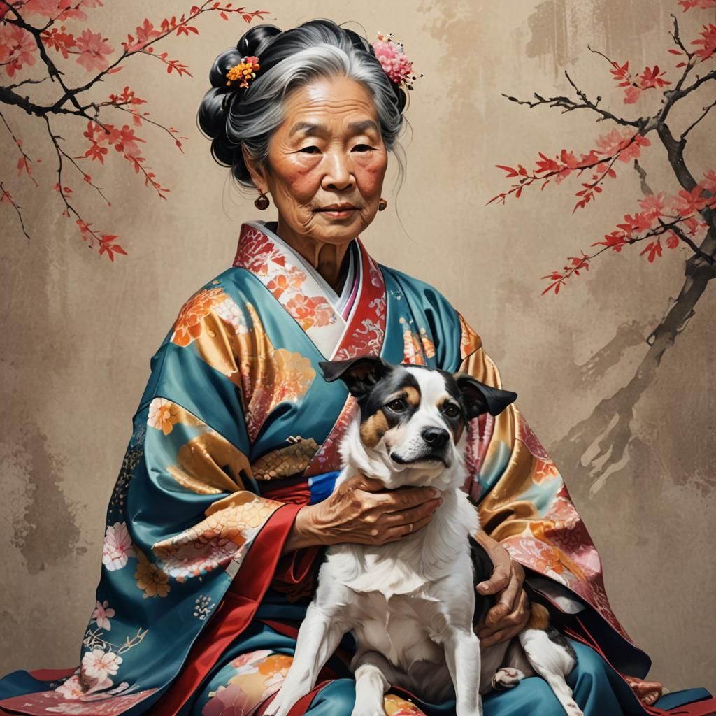 Kimono-Clad Woman with Dog: Hyperrealistic Portrait
