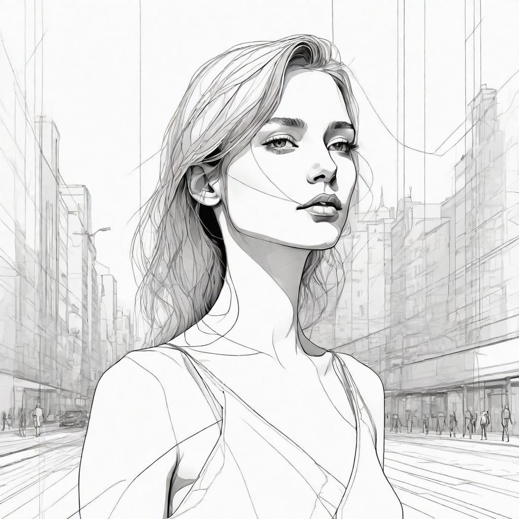 Minimalist Line Art: Woman in Futuristic City