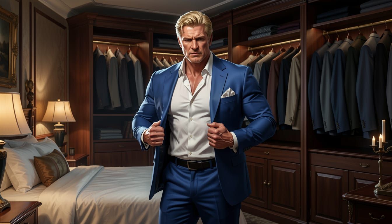 Muscular Executive Opens Closet of Suits in Dark Fantasy Sty...