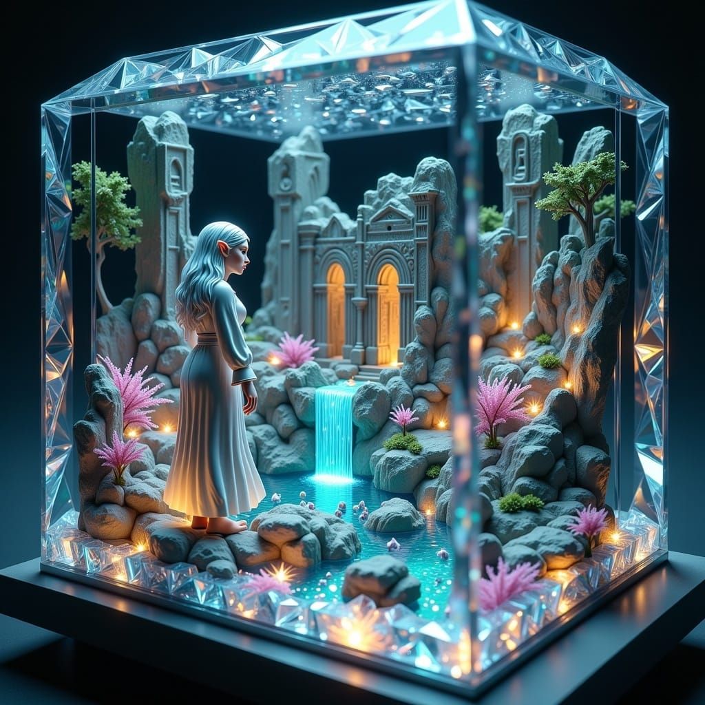 Elf with Glowing Eyes in Crystal Terrarium