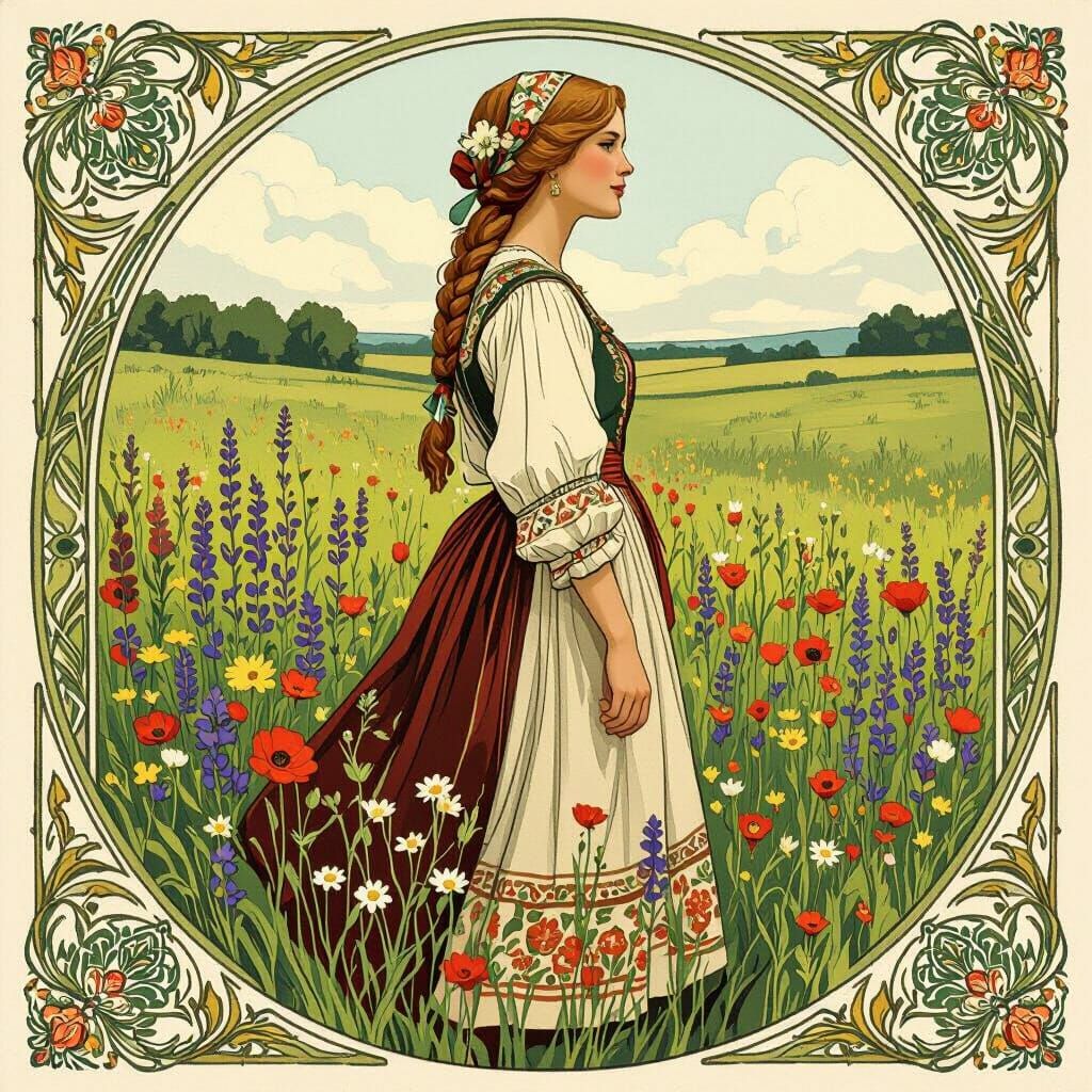 Lithuanian Woman in Wildflowers, Art Nouveau Style