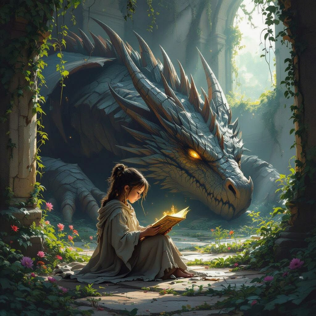 Girl, Dragon, and Glowing Scroll in Ruined Temple