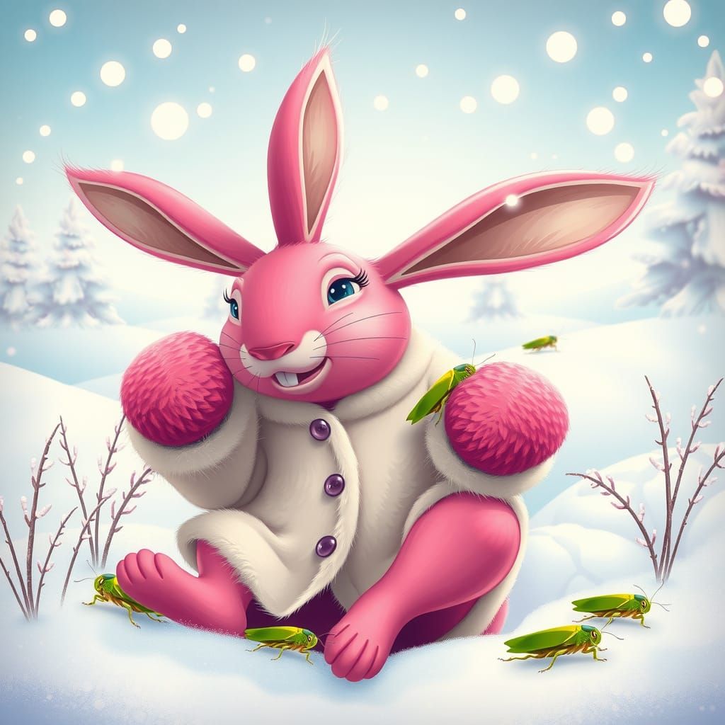 Pink Bunny's Snowy Feast: A Whimsical Pop Art Scene
