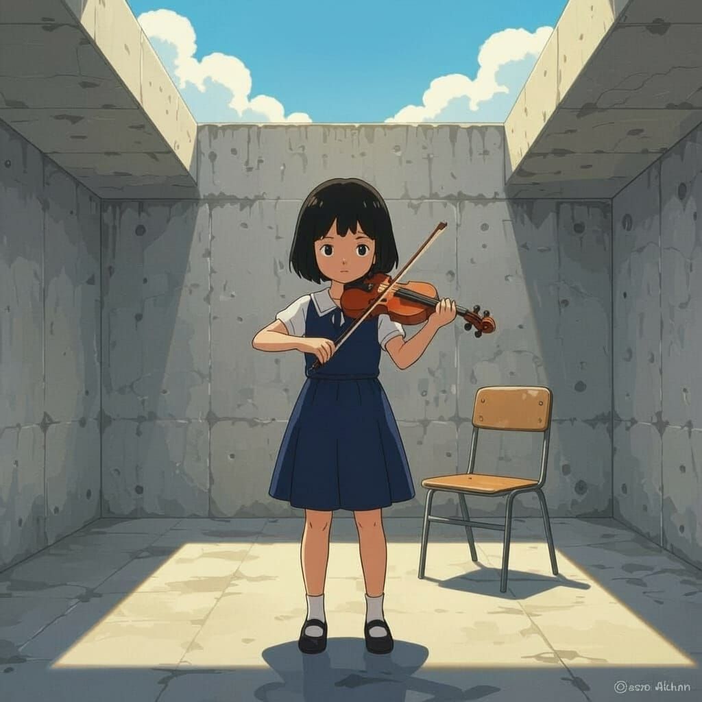 Girl Playing Violin in Concrete Room, Studio Ghibli Style