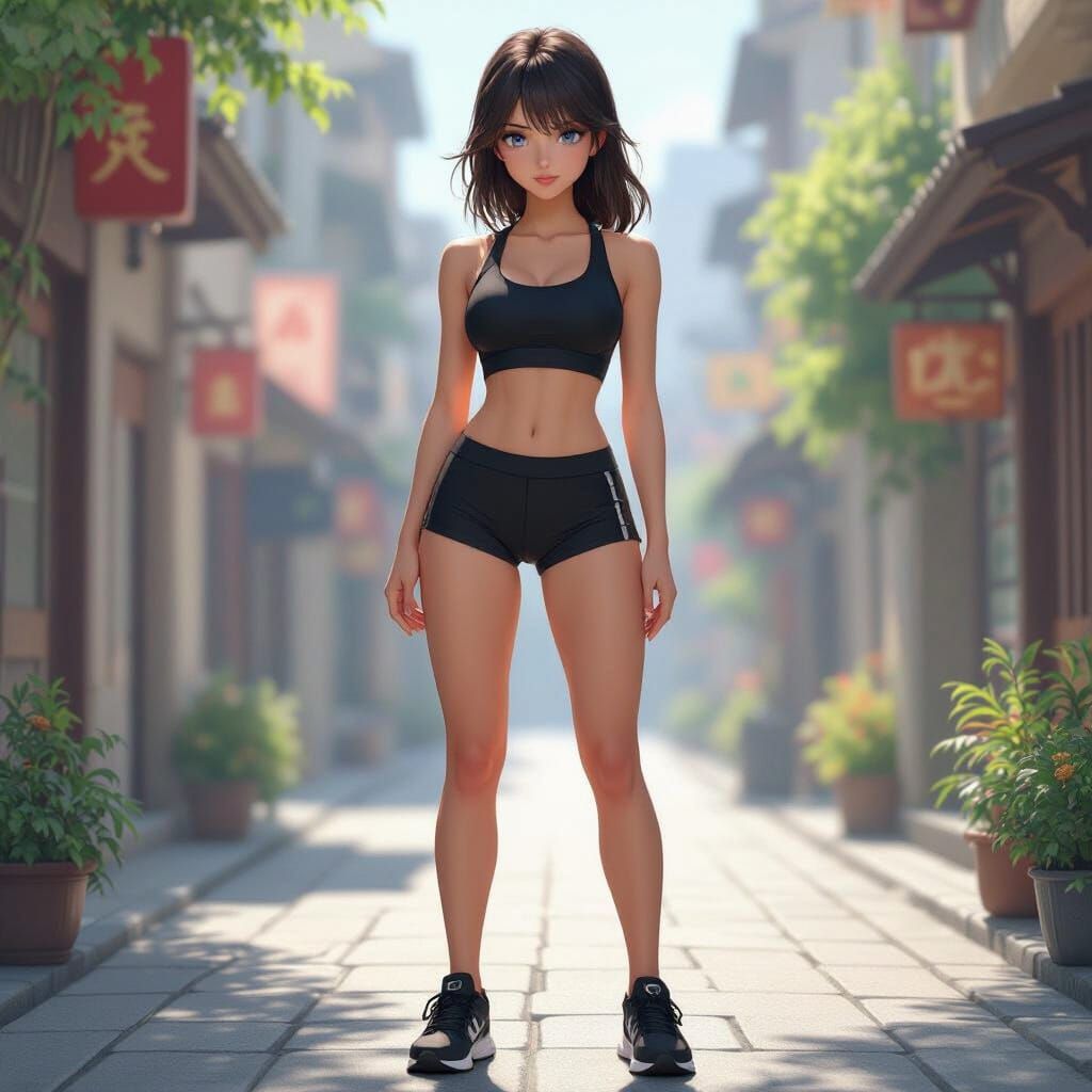 Athletic Woman in Black: 3D Anime Style
