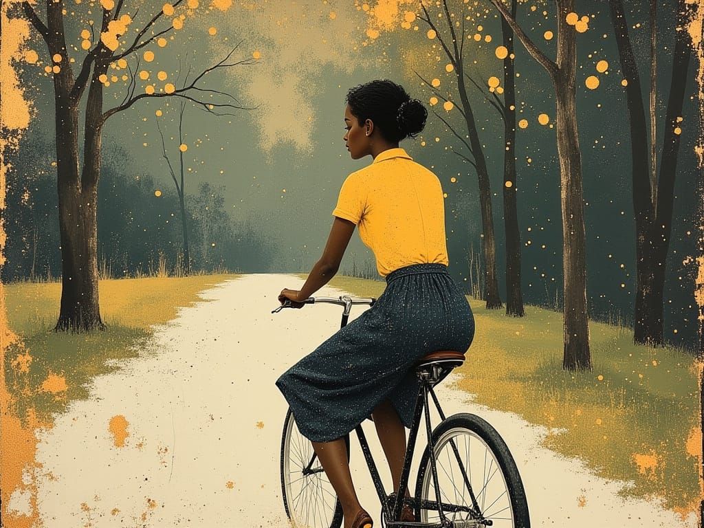 Vintage Woman Cycling Through Park