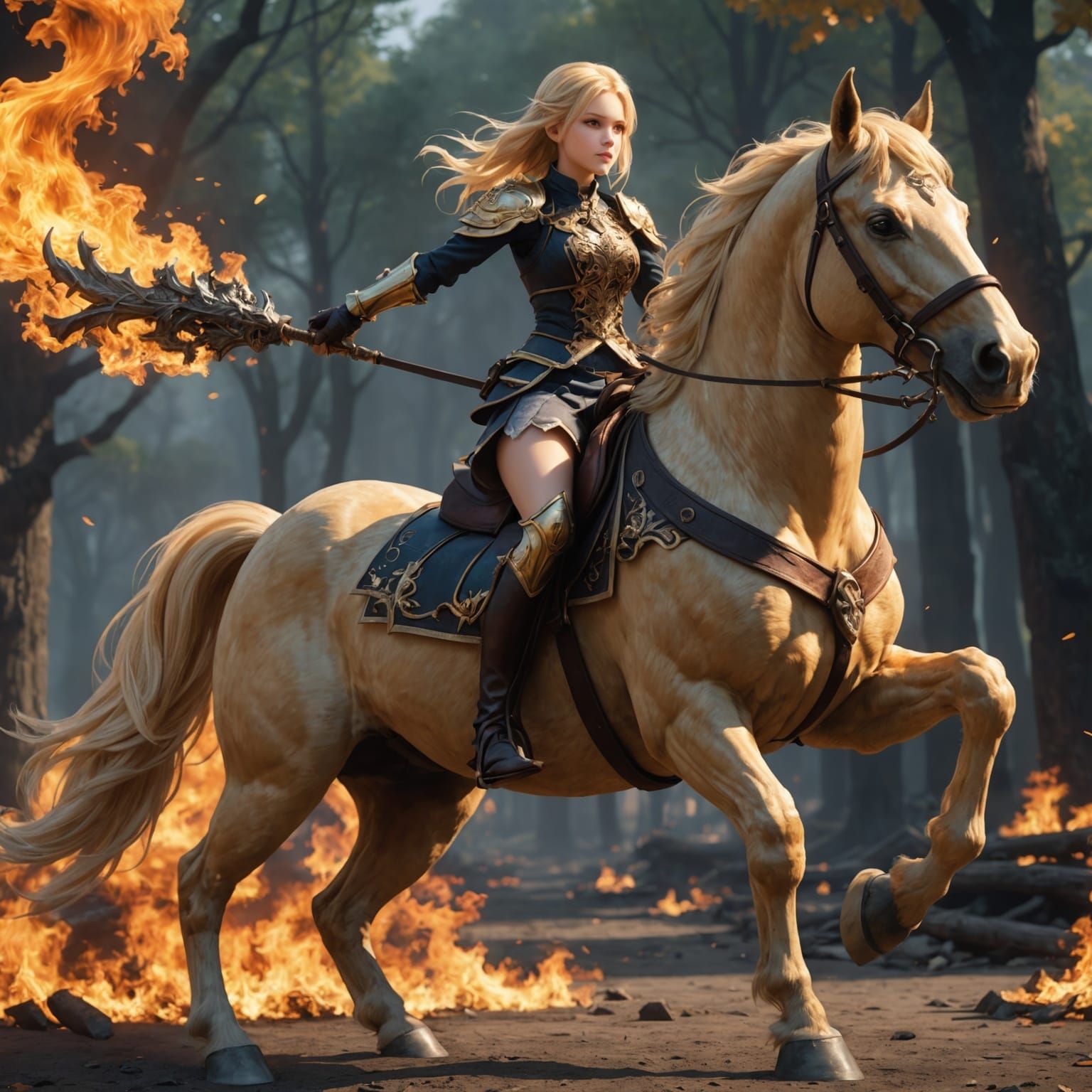 Blonde Girl Riding a Fire Horse in Anime Style