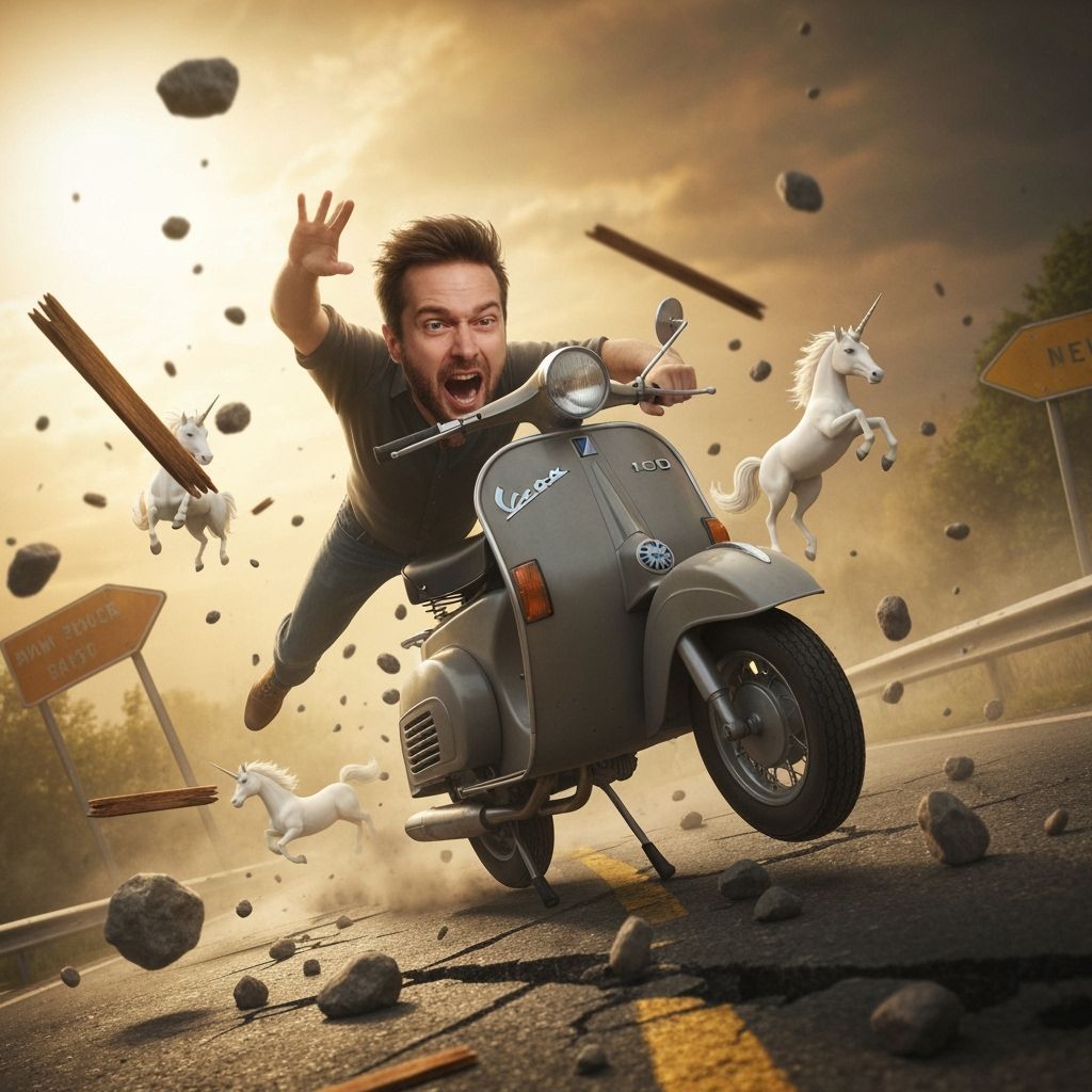 Man Dragged by Vespa Through Surreal Chaos