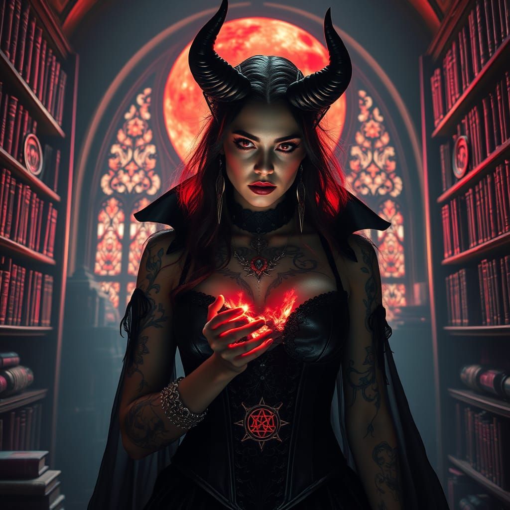 Vampire Sorceress in Gothic Library, Dark Fantasy Style
