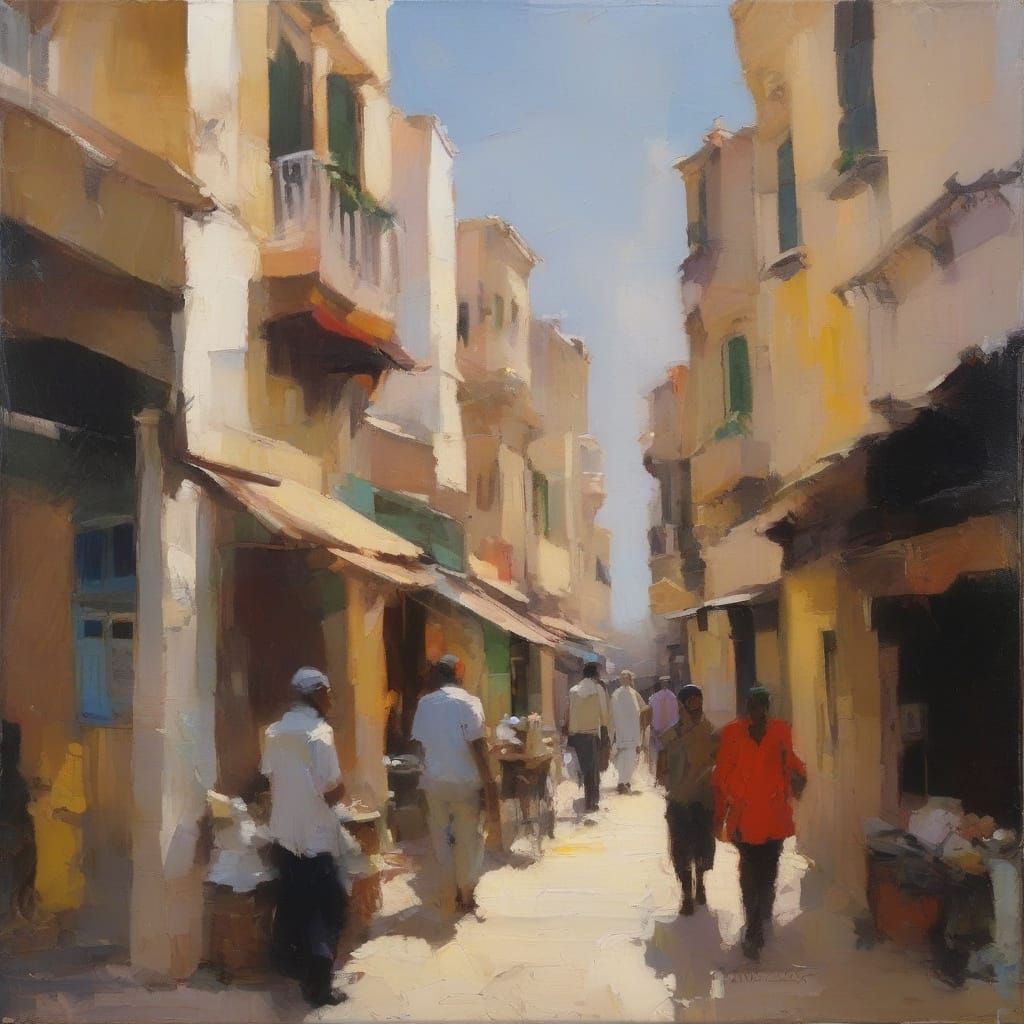 Vibrant Tunisian Market Scene in Modern Expressionist Oil Pa...