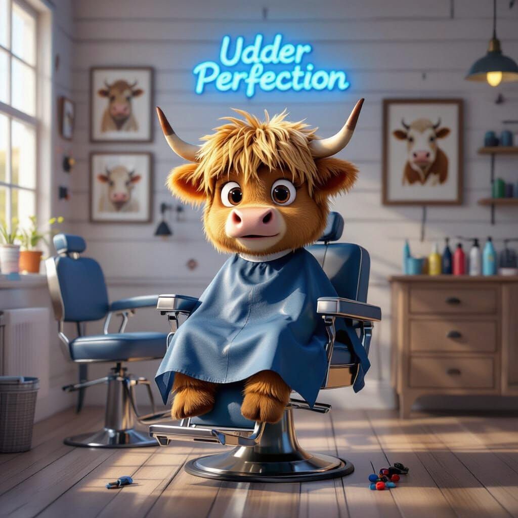 Pixar-Style Highland Cow at the Barber Shop