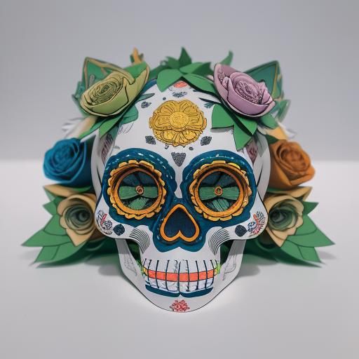 Paper Sugar Skull Maneki Neko in Flower Kingdom