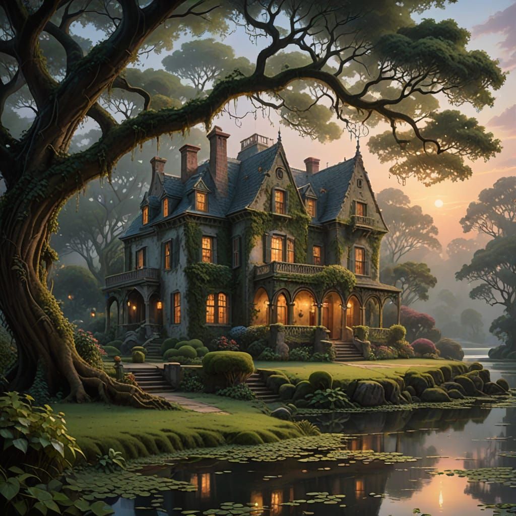 Timeless Mansion Amidst Misty Garden and Lake Shore