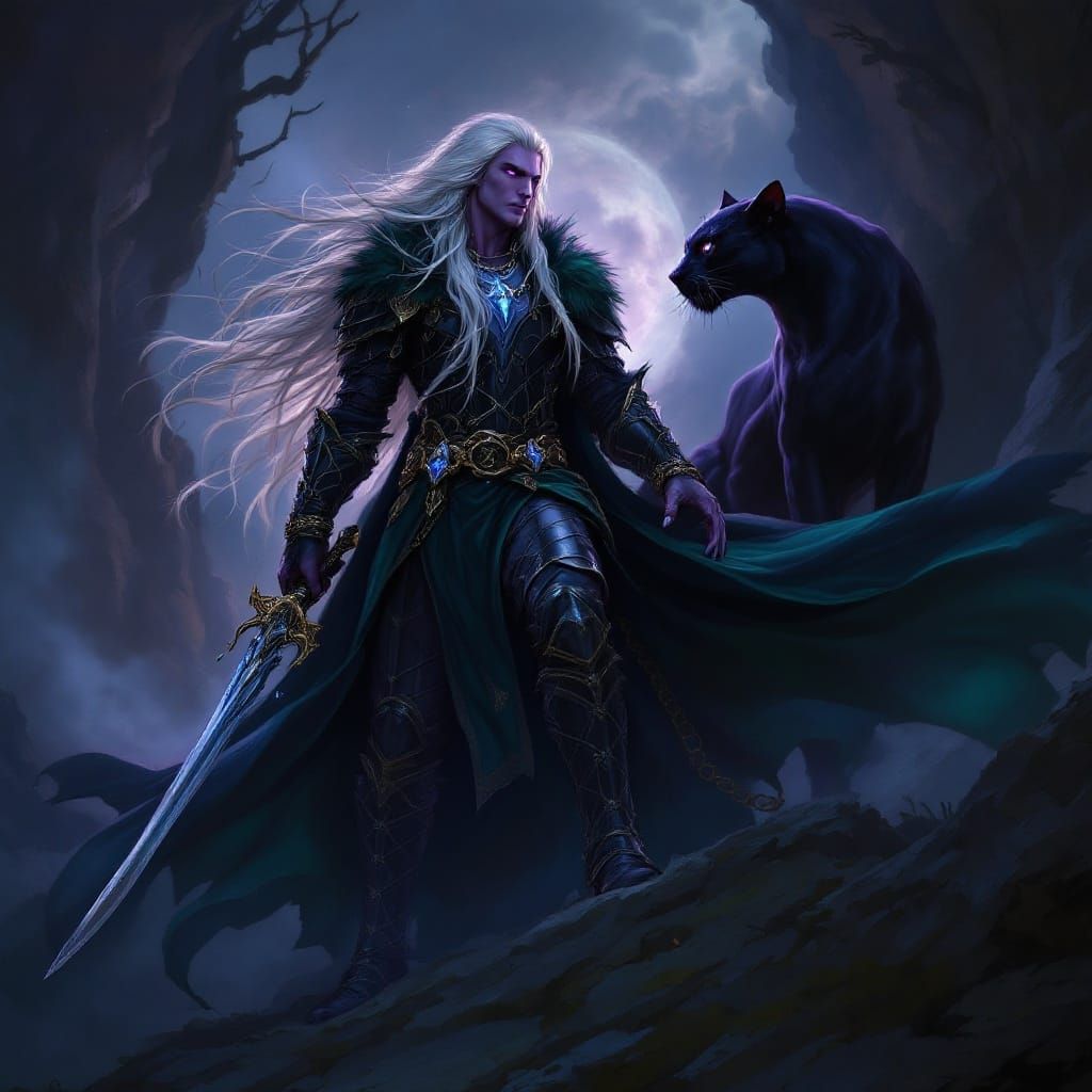 Dark Elf Ranger with Panther, Detailed Matte Painting