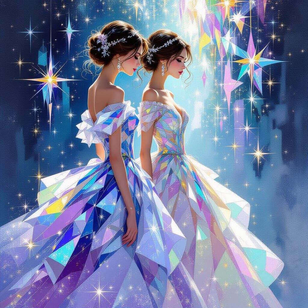Elegant Ladies in Shimmering Glass Gowns as Gouache Painting