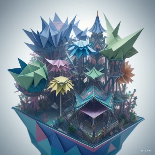 Surreal Paper Wonderland: Hyperrealistic Origami Scene